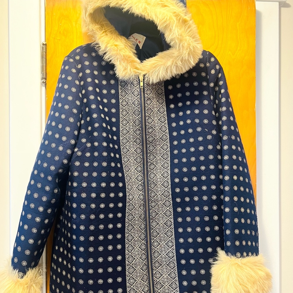 Navy Blue and Cream Polka Dot Women's Coat